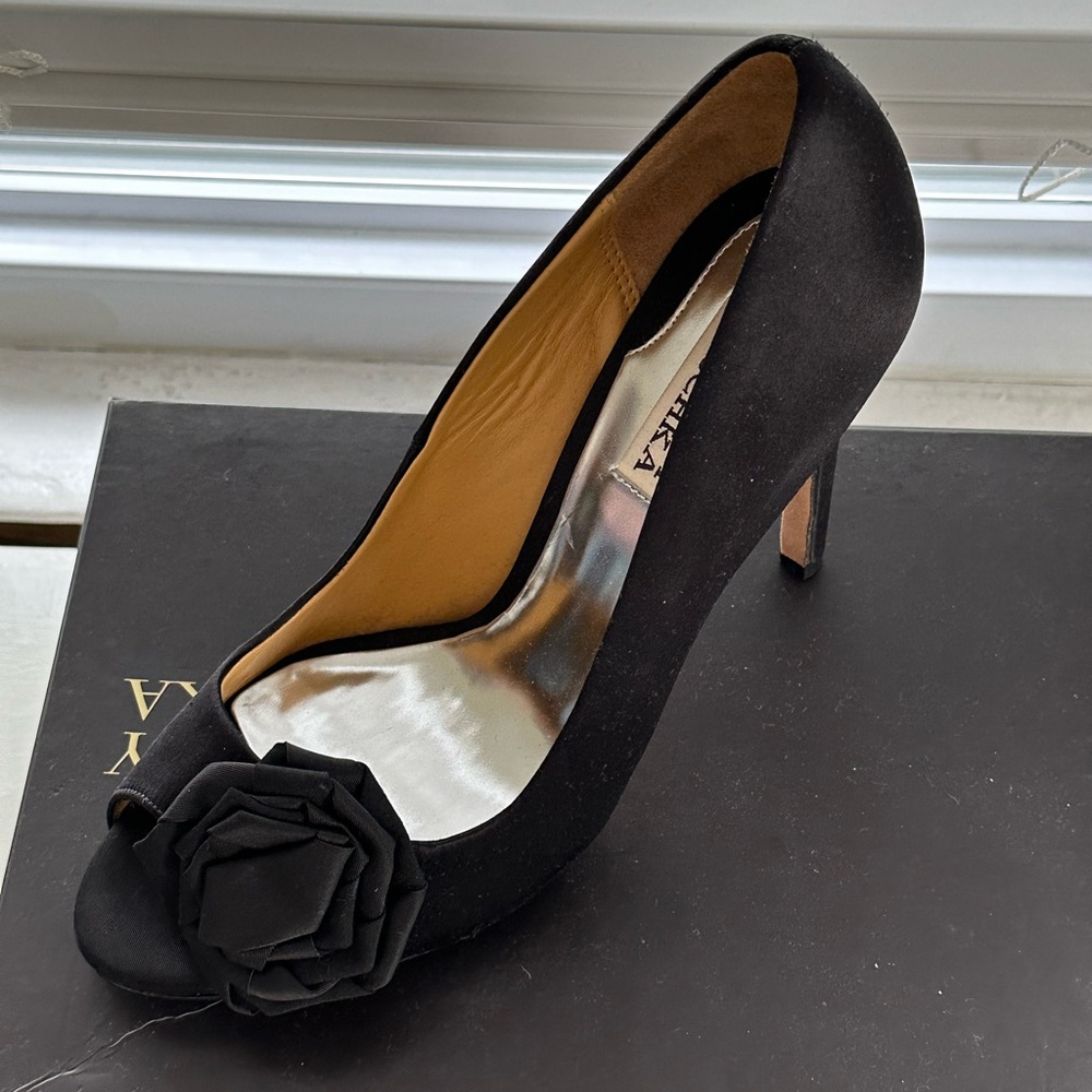 Badgley Mischka black satin peep toe pumps, 4 inch heel
